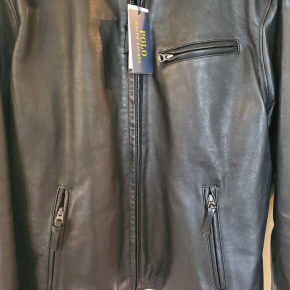 NWT Polo Ralph Lauren Men's Cafe Racer sheepskin leather jacket Polo Black Sz L - Picture 10 of 16